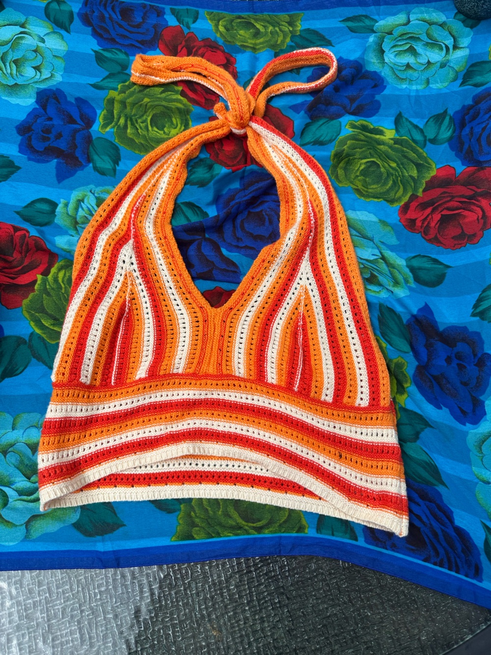 Striped Crochet Halter top in Orange, Red & Cream